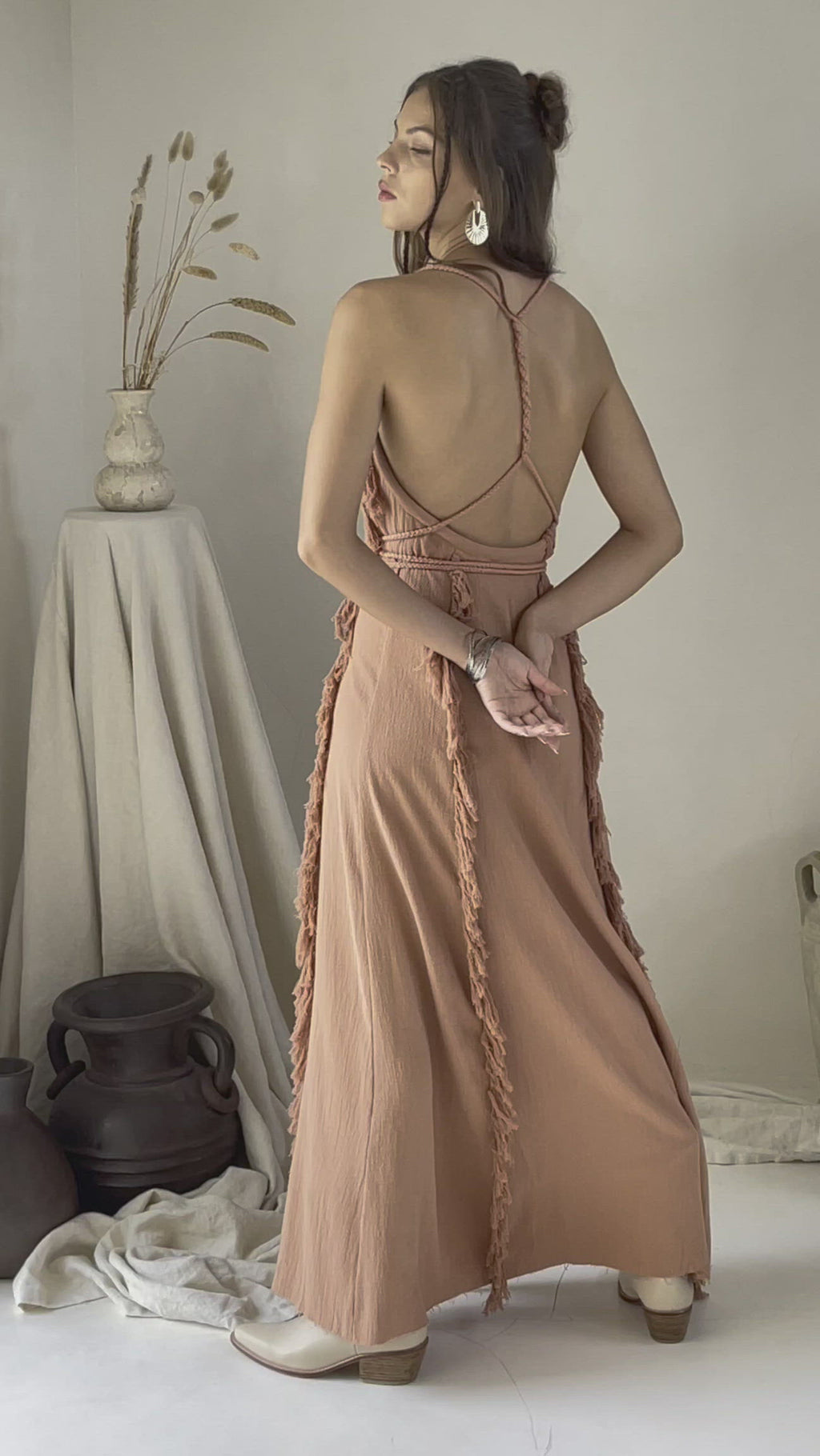Dusty Rose Organic Boho Dress with Hand Loomed Tassels - AYA Sacred Wear