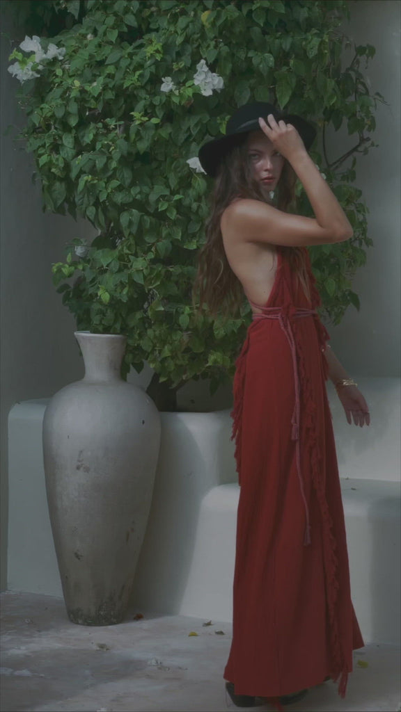 Boho Maxi Dress, Cotton Bridesmaid Dress, Organic Red Goddess Dress - AYA Sacred Wear