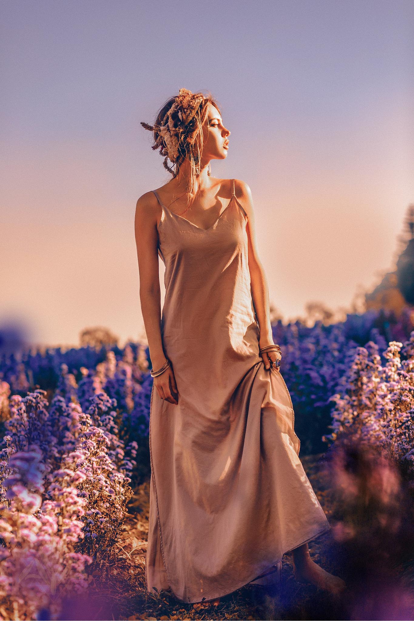 Long Maxi Boho Dress, Rose Gold Bridesmaid Bohemian Tribal Dress - AYA Sacred Wear