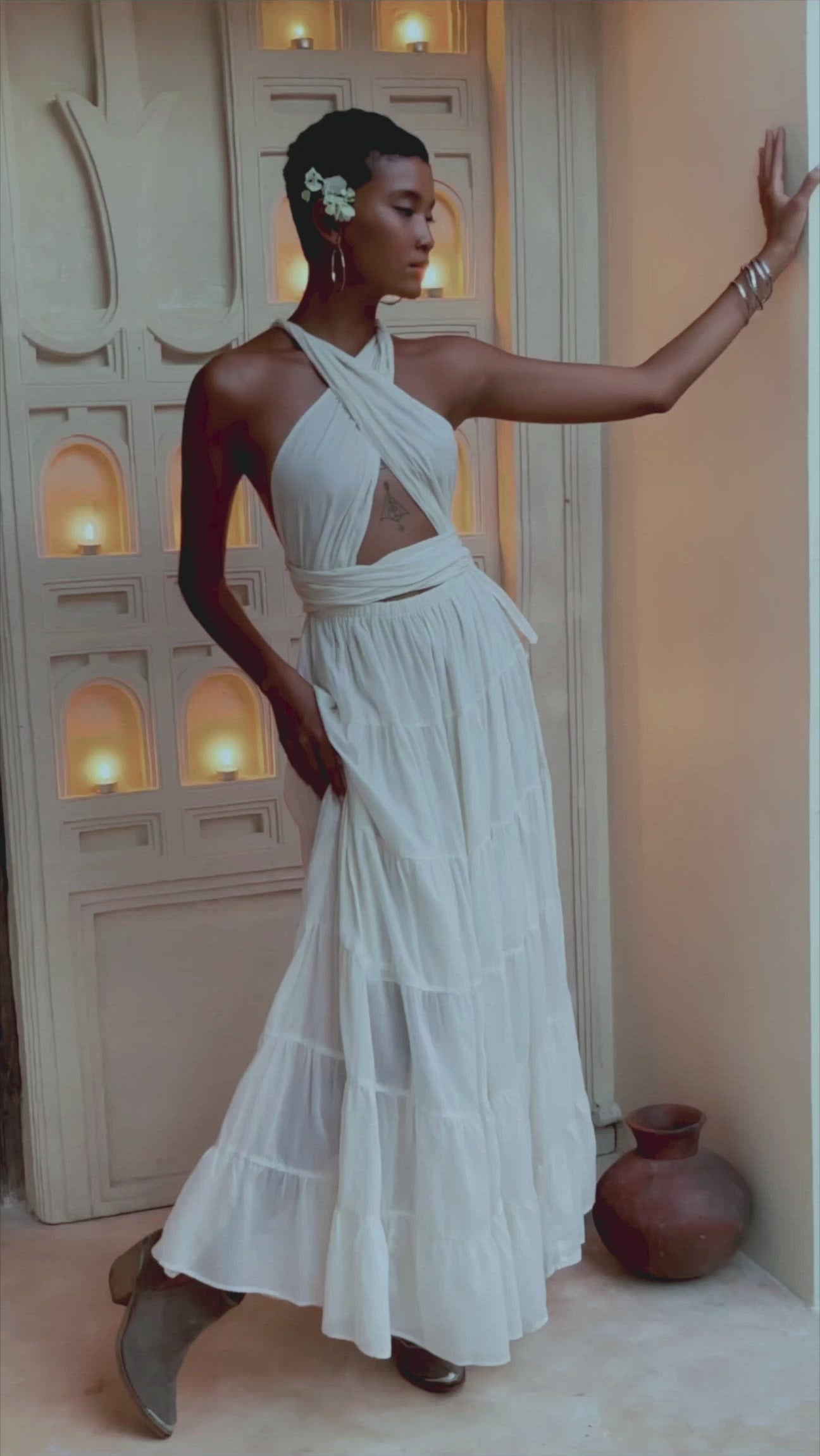 Off-White Bohemian Adjustable Dress, Evening Open Back Belly Dress - AYA Sacred Wear