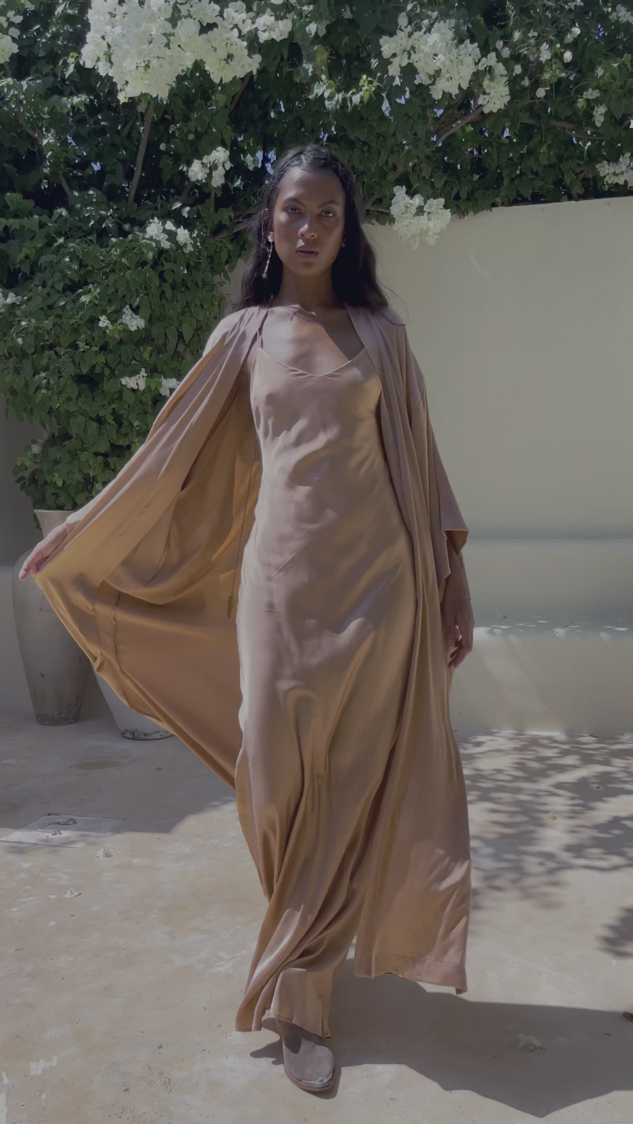 Dusty Pink Silk Robe, Bohemian Kaftan Cardigan, Long Cape for Women - AYA Sacred Wear