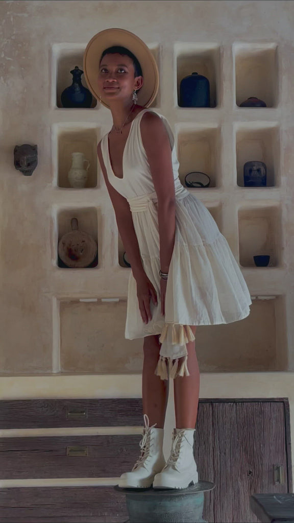 Boho Mini Bridesmaid Dress, A Line Dress, White Mini Adjustable Dress - AYA Sacred Wear