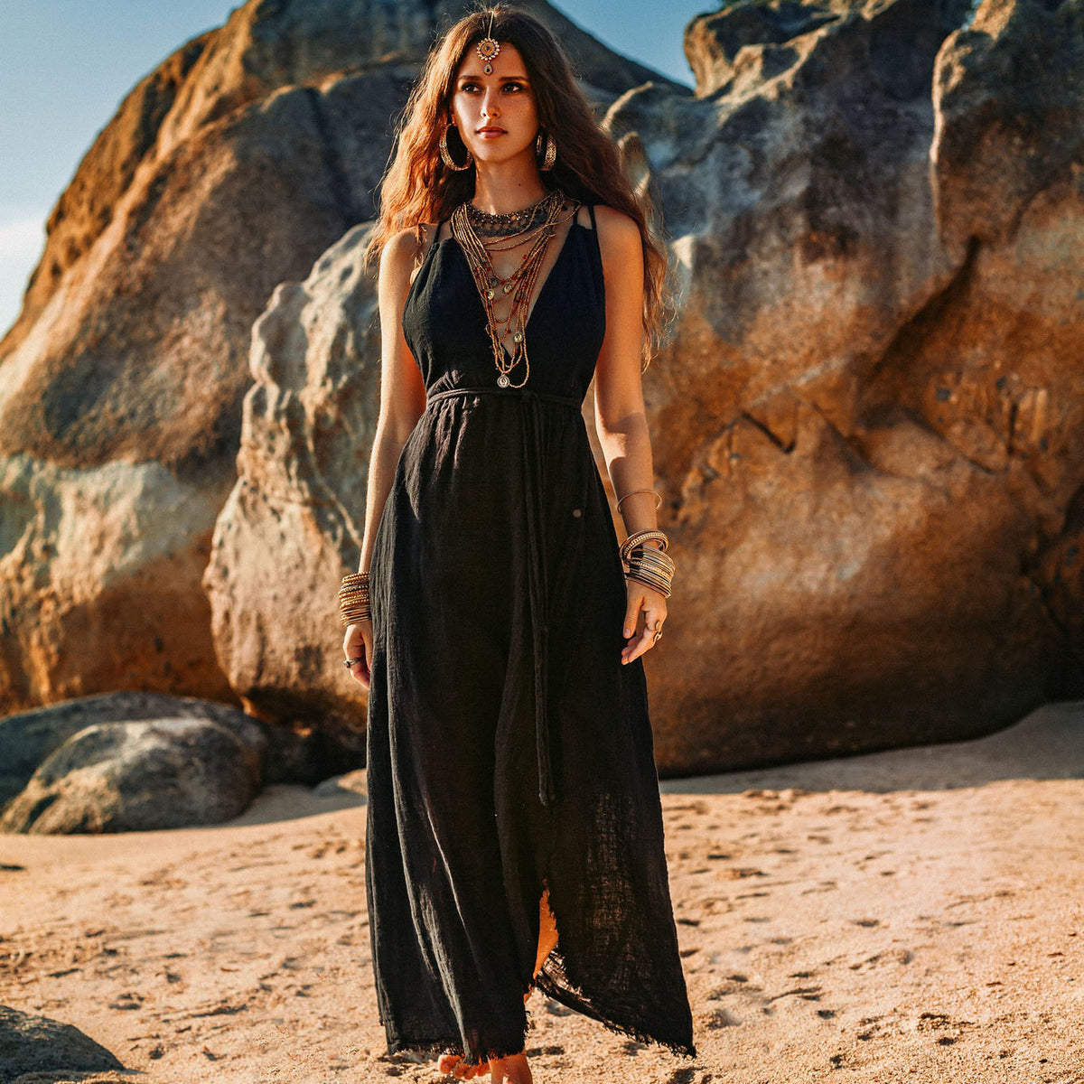 Bohemian style black dress new arrivals