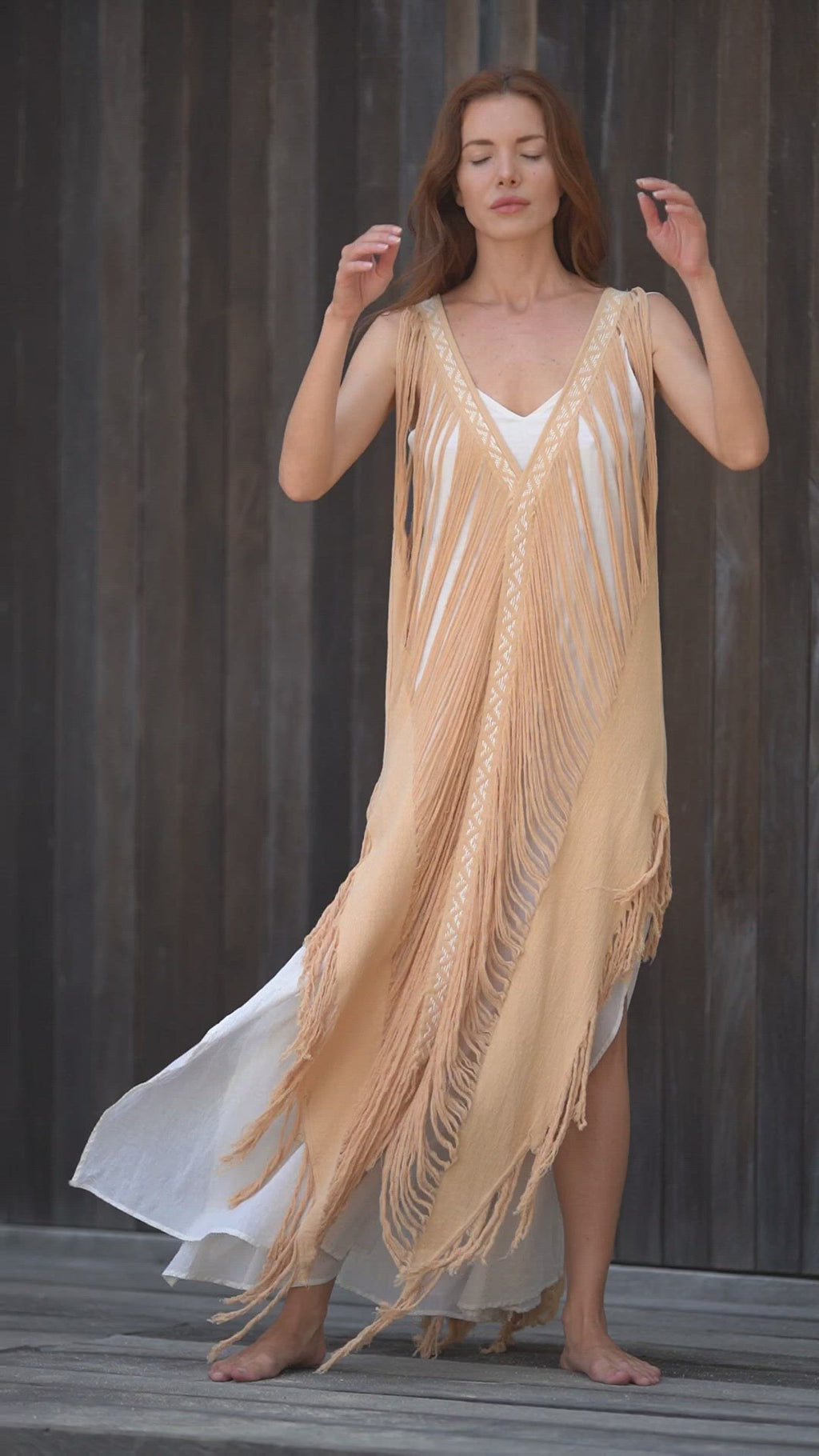 Get a dreamy look with this beige ochre "Threads of Life" dress.
