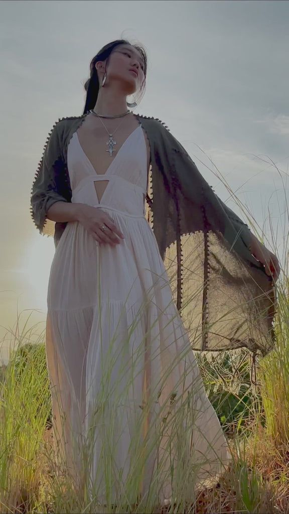 Olive Green Poncho Robe for Women, Boho Kimono Overcoat, Prom Cover Up - AYA Sacred Wear