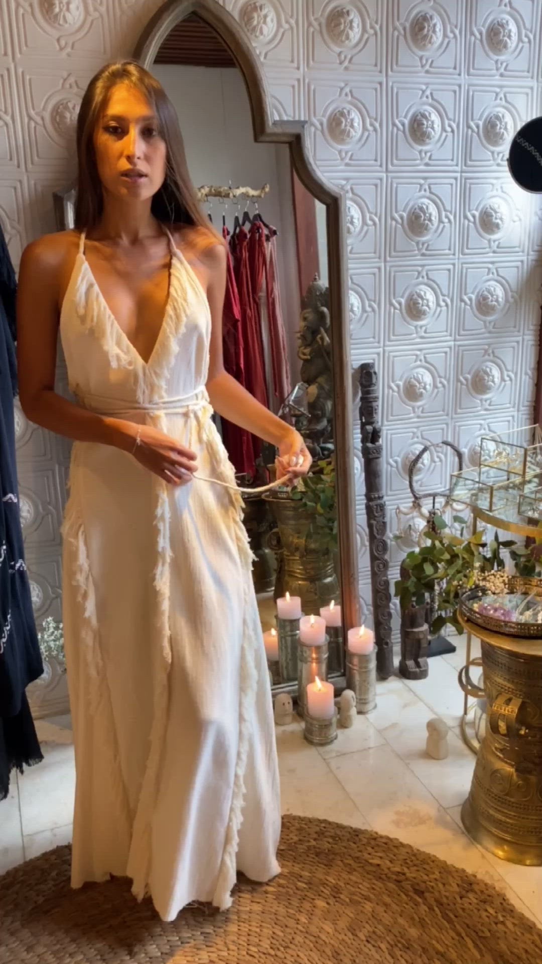 Off-White Boho Open Back Simple Wedding Dress with Hand Loomed Tassels - AYA Sacred Wear