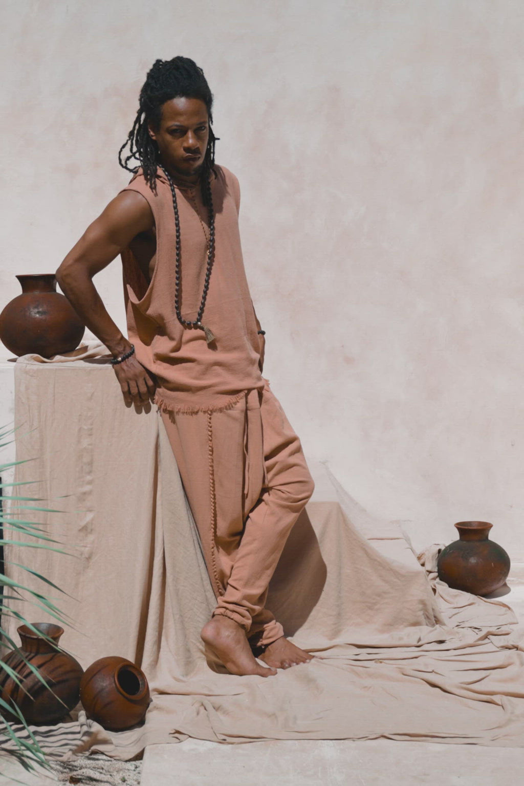 Sandalwood Colour Handwoven Cotton Sleeveless Hoody for Men - AYA Sacred Wear
