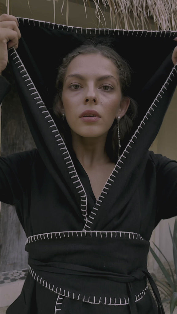 Boho Hoody Cardigan for Women, Black Boho Overcoat, Belted Wrap Cardigan - AYA Sacred Wear