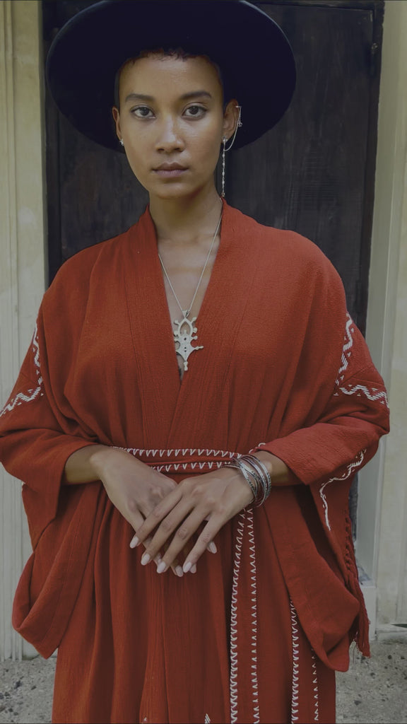 Red Organic Poncho Cape, Boho Cardigan Women, Cotton Kimono Cover Up - AYA Sacred Wear