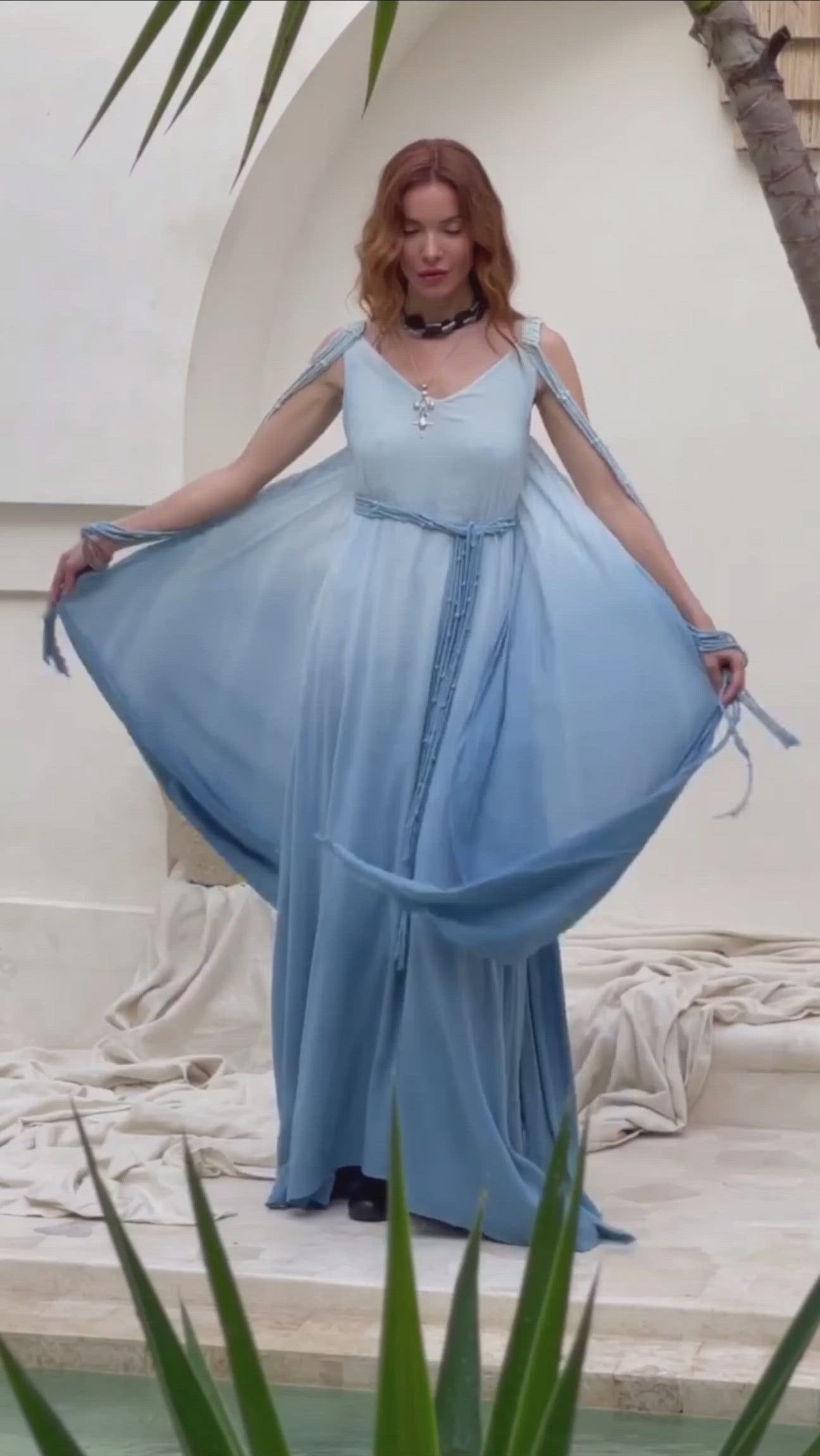 Boho Macrame Bridesmaid Dress, Off-White to Sky Blue Multiway Dress by AYA Sacred Wear