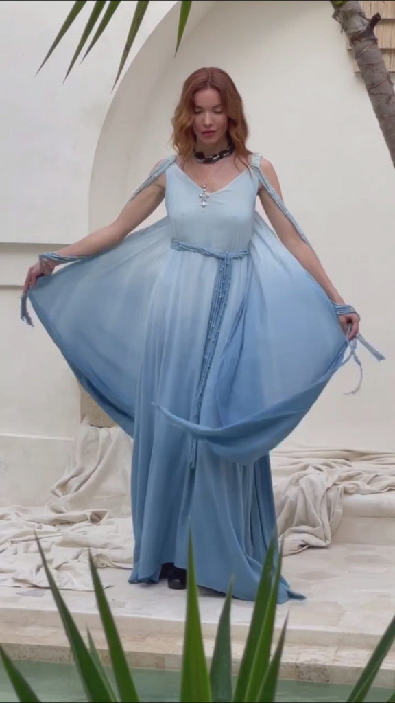 Boho Macrame Bridesmaid Dress, Off-White to Sky Blue Multiway Dress by AYA Sacred Wear