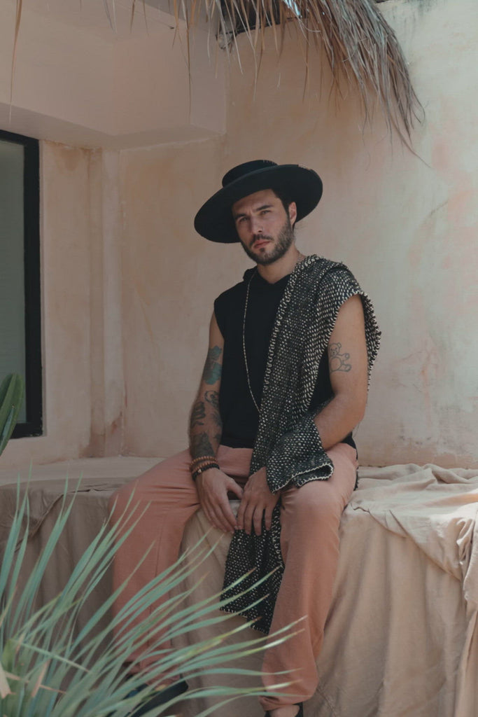 Black Handwoven Thick Cotton Sleeveless Hoody Tank Top for Man by AYA Sacred Wear