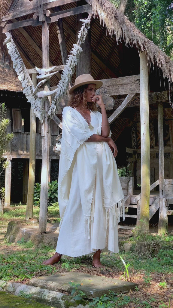 Off-White Boho Beach Wedding Dress, Bohemian Homespun Cotton Dress - AYA Sacred Wear