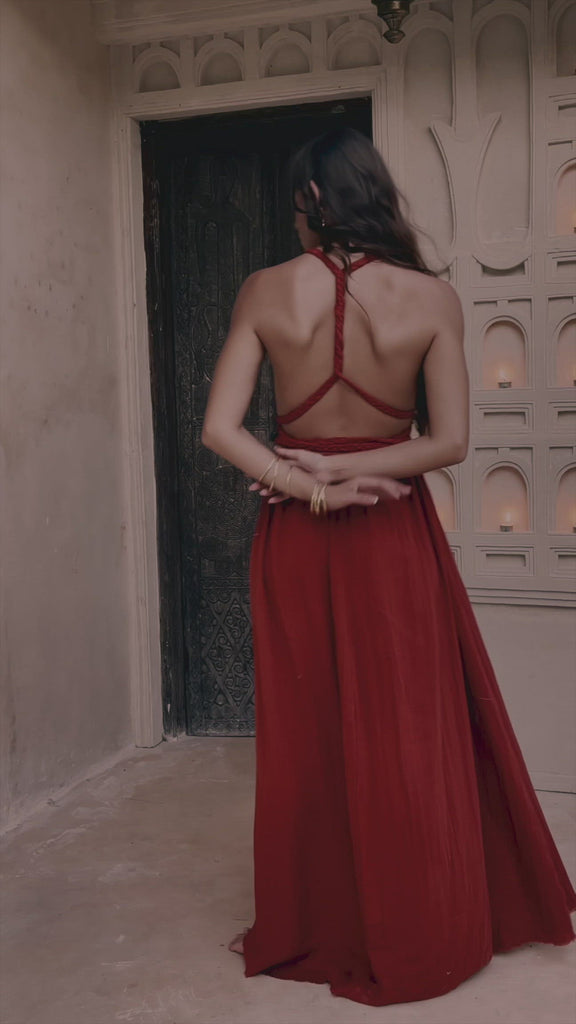 Greek Goddess Dress, Boho Braided Belted Dress, Wine Red Grecian Dress - AYA Sacred Wear