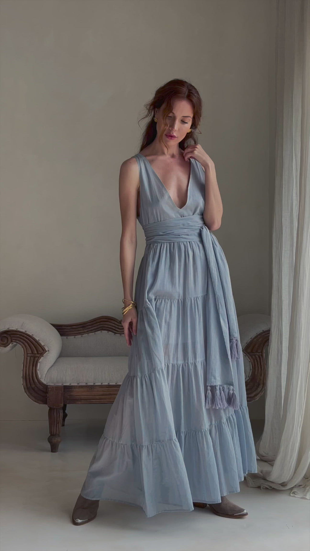 Boho Bridesmaid Dress, A Line Dress, Sky Blue Maxi Adjustable Dress - AYA Sacred Wear