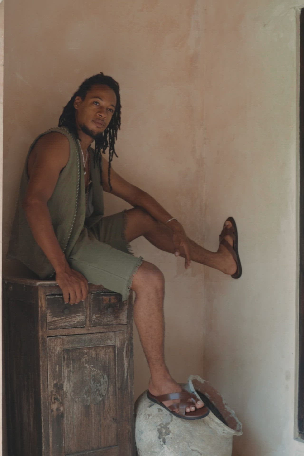 Dark Sage Green Hand Embroidered Vest for Men by AYA Sacred Wear