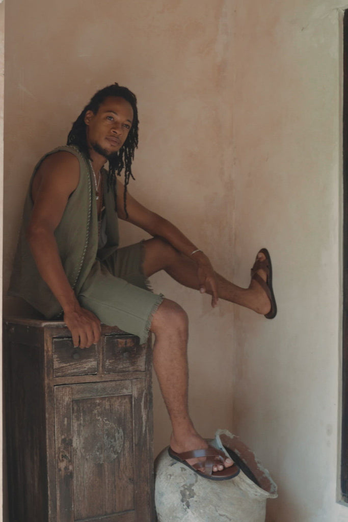 Dark Sage Green Hand Embroidered Vest for Men by AYA Sacred Wear