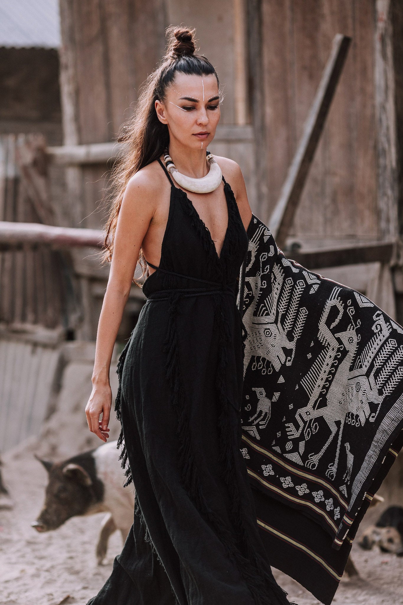Black Cotton Boho Maxi Dress with Hand Loomed Tassels - AYA Sacred Wear