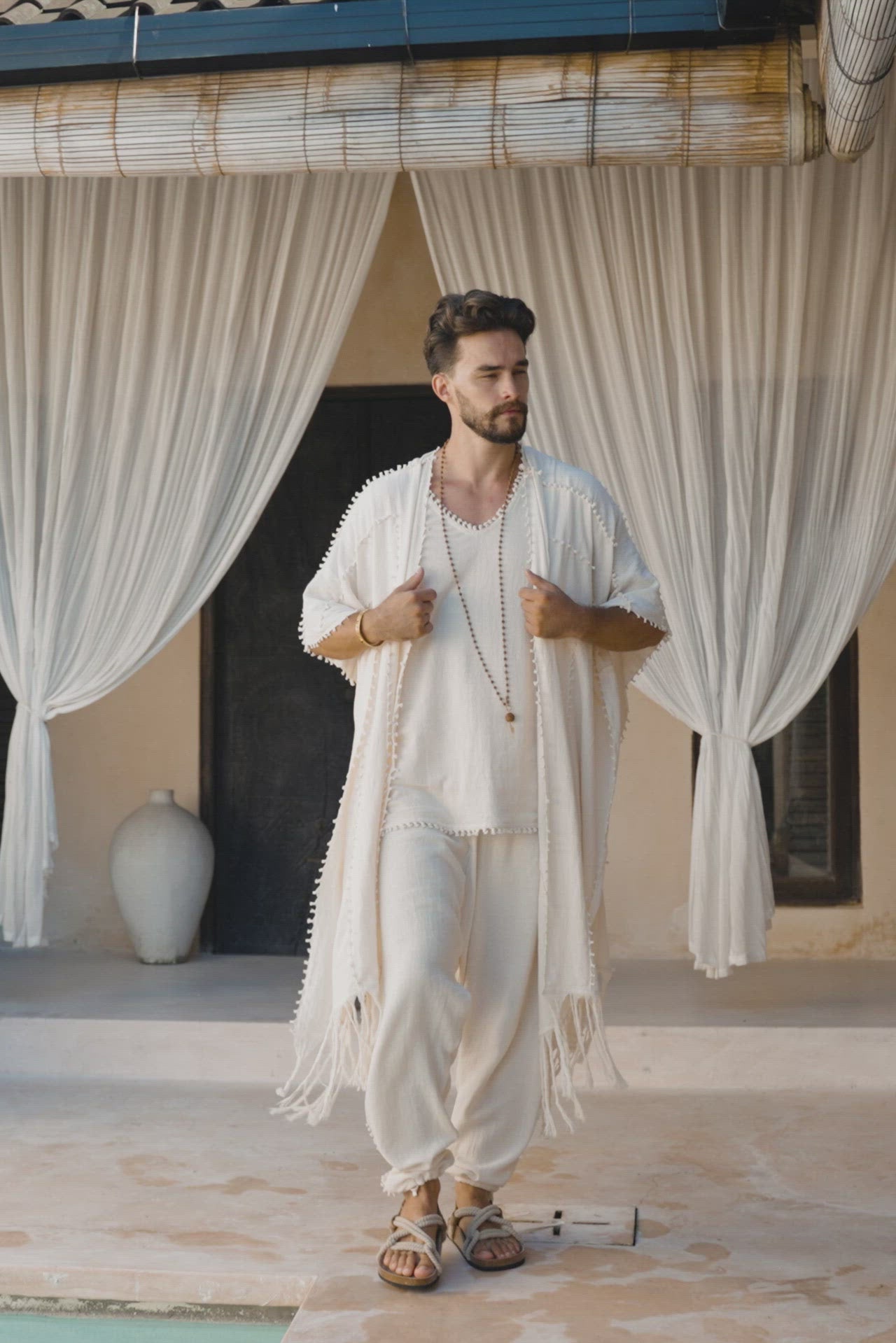 White Raw Cotton Minimalist Poncho for Men by AYA Sacred Wear