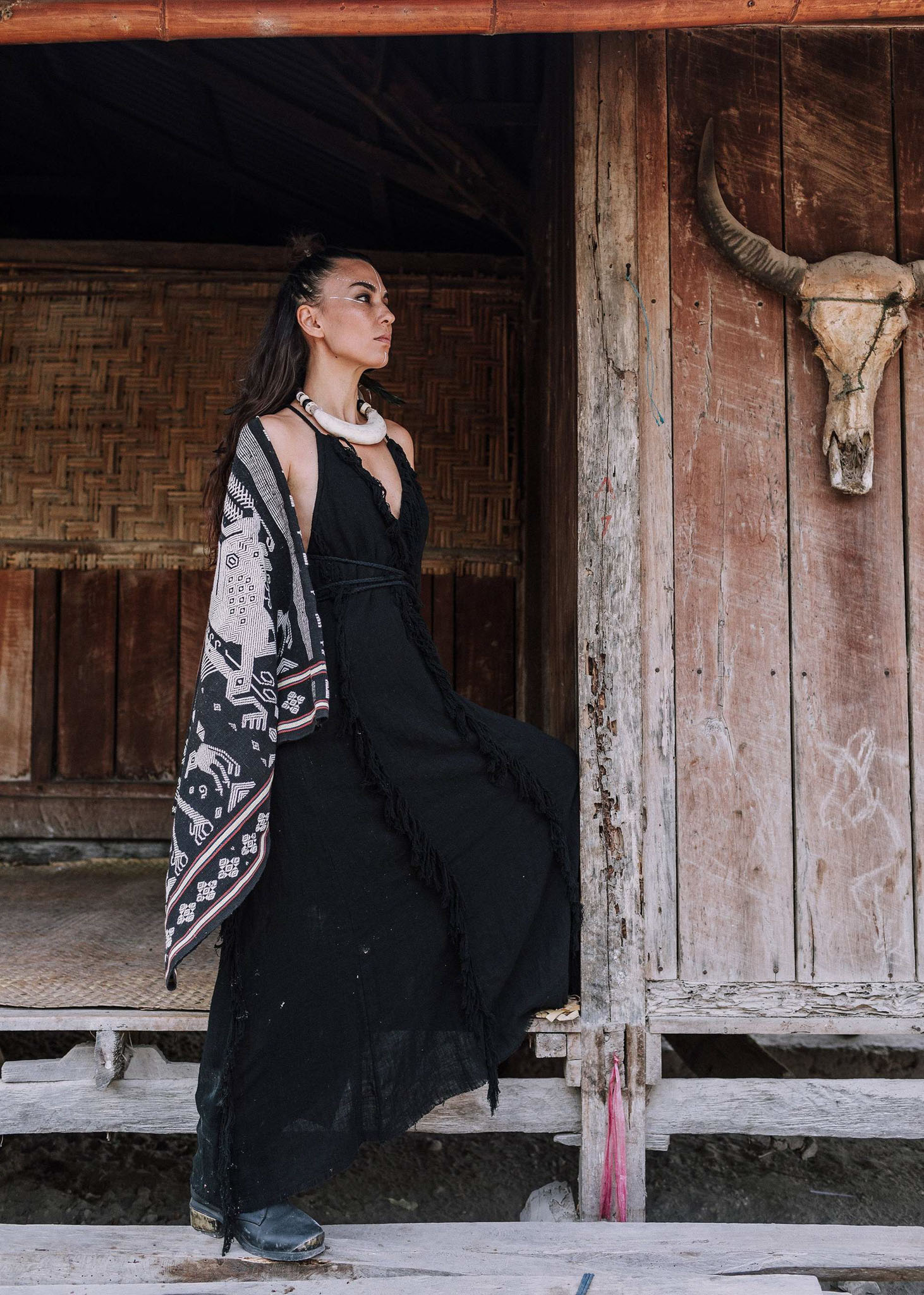 Black Cotton Boho Maxi Dress with Hand Loomed Tassels - AYA Sacred Wear