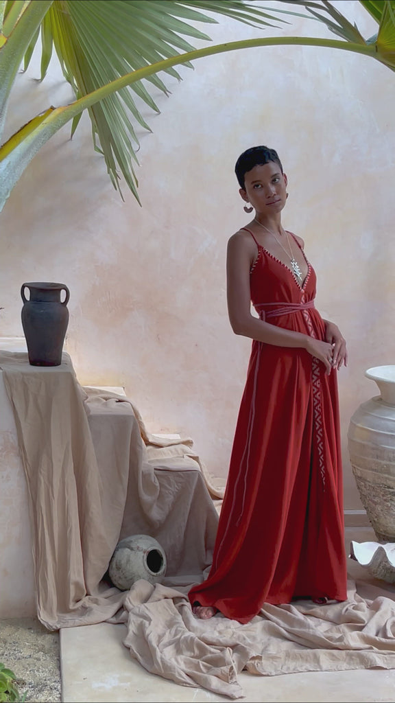 Organic Red Cotton Maxi Dress, Sleeveless Hand Embroidered Dress - AYA Sacred Wear