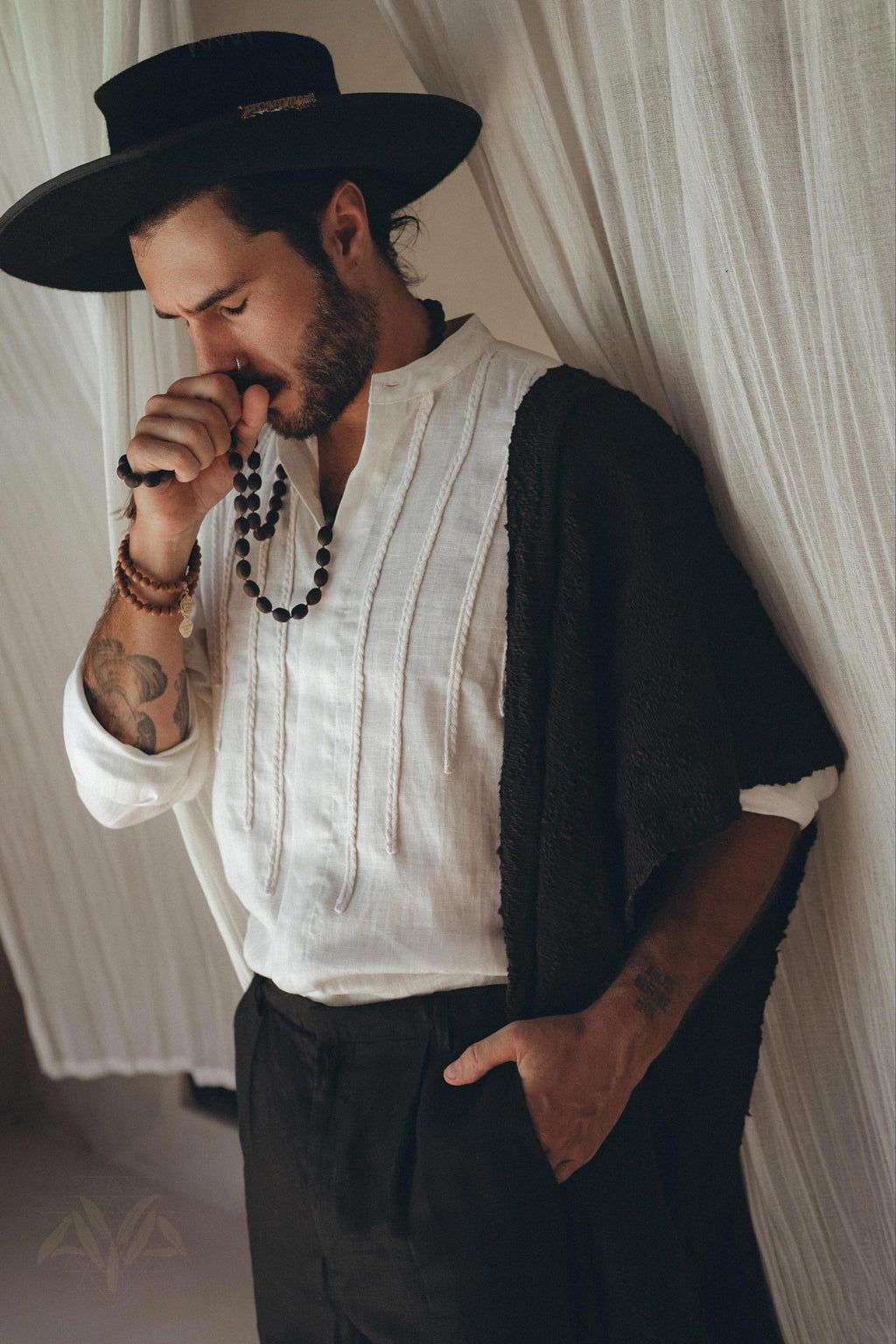 Off-White Linen Shirt for Men with Handmade Braids by AYA Sacred Wear