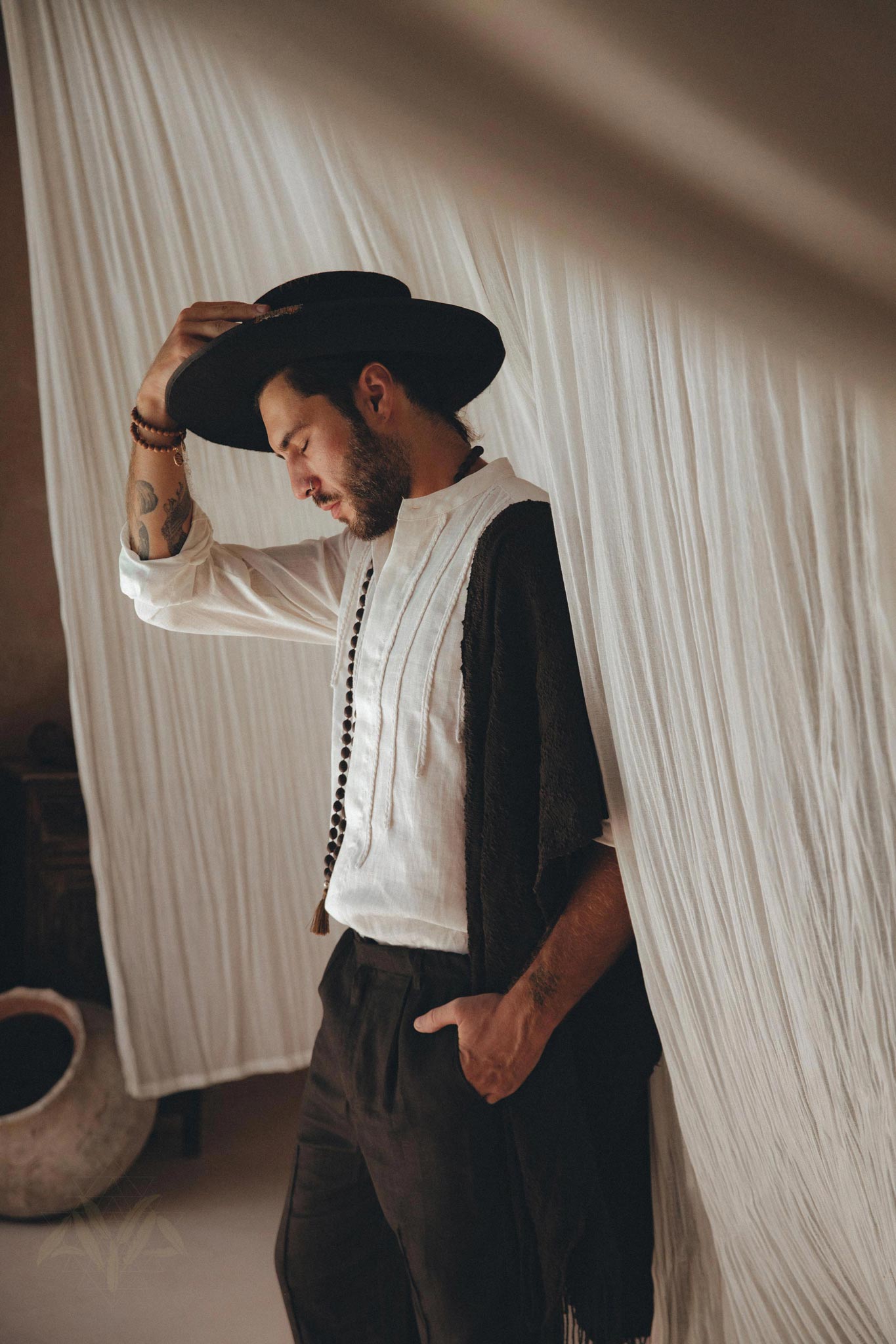 Off-White Linen Shirt for Men with Handmade Braids by AYA Sacred Wear