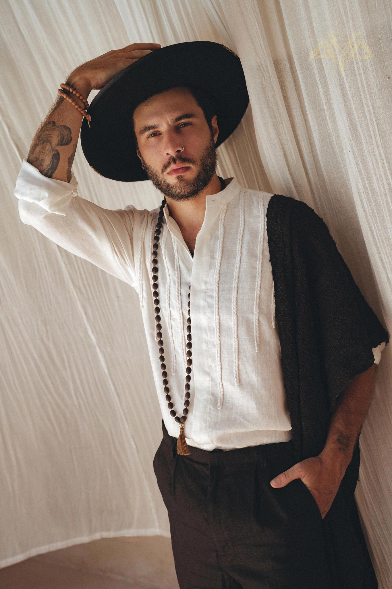 Off-White Linen Shirt for Men with Handmade Braids by AYA Sacred Wear