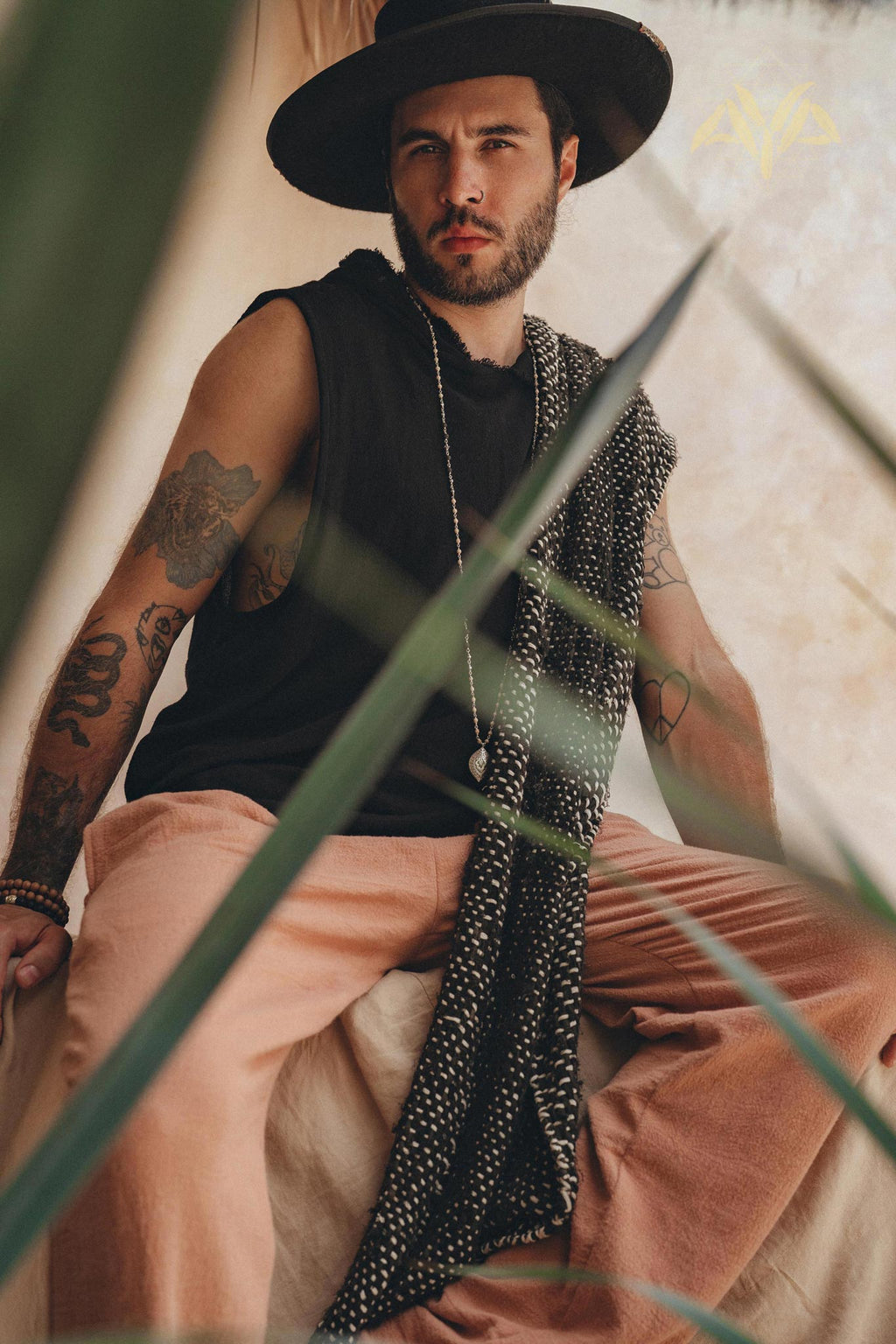 Black Handwoven Thick Cotton Sleeveless Hoody Tank Top for Man by AYA Sacred Wear