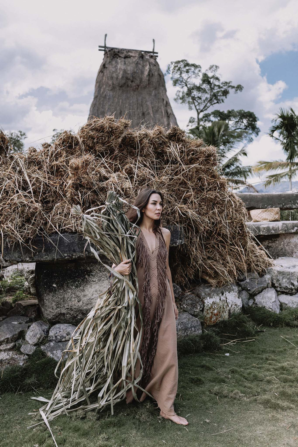 Beige Organic Cotton Bohemian Tribal Maxi Dress with Hand Loomed Tassels - AYA Sacred Wear