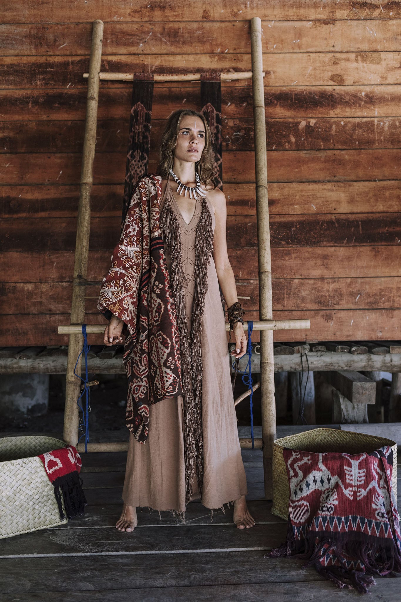 Beige Organic Cotton Bohemian Tribal Maxi Dress with Hand Loomed Tassels - AYA Sacred Wear