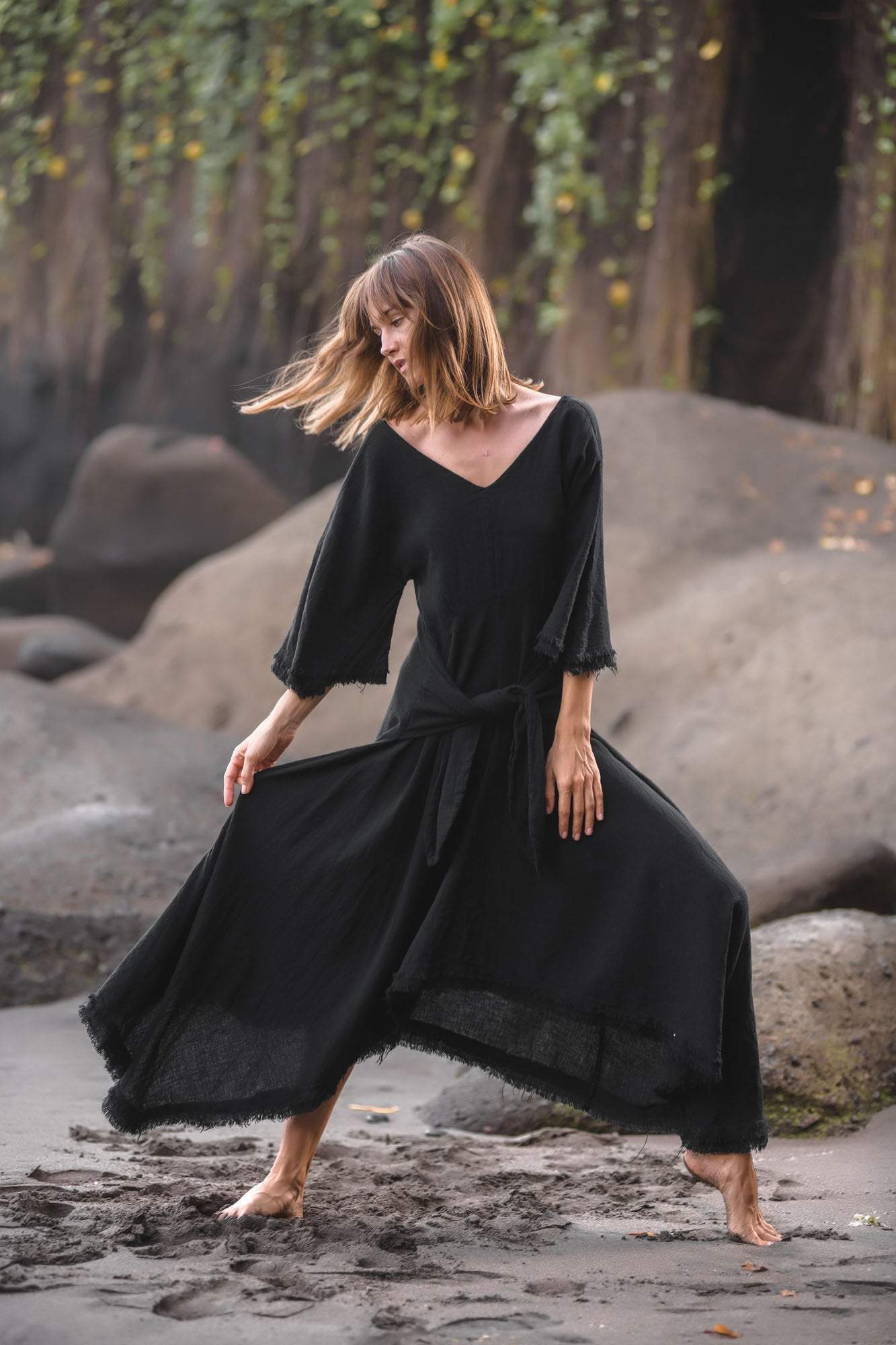 Black Cotton Dress for Women Tribal Dance Dress - AYA Sacred Wear