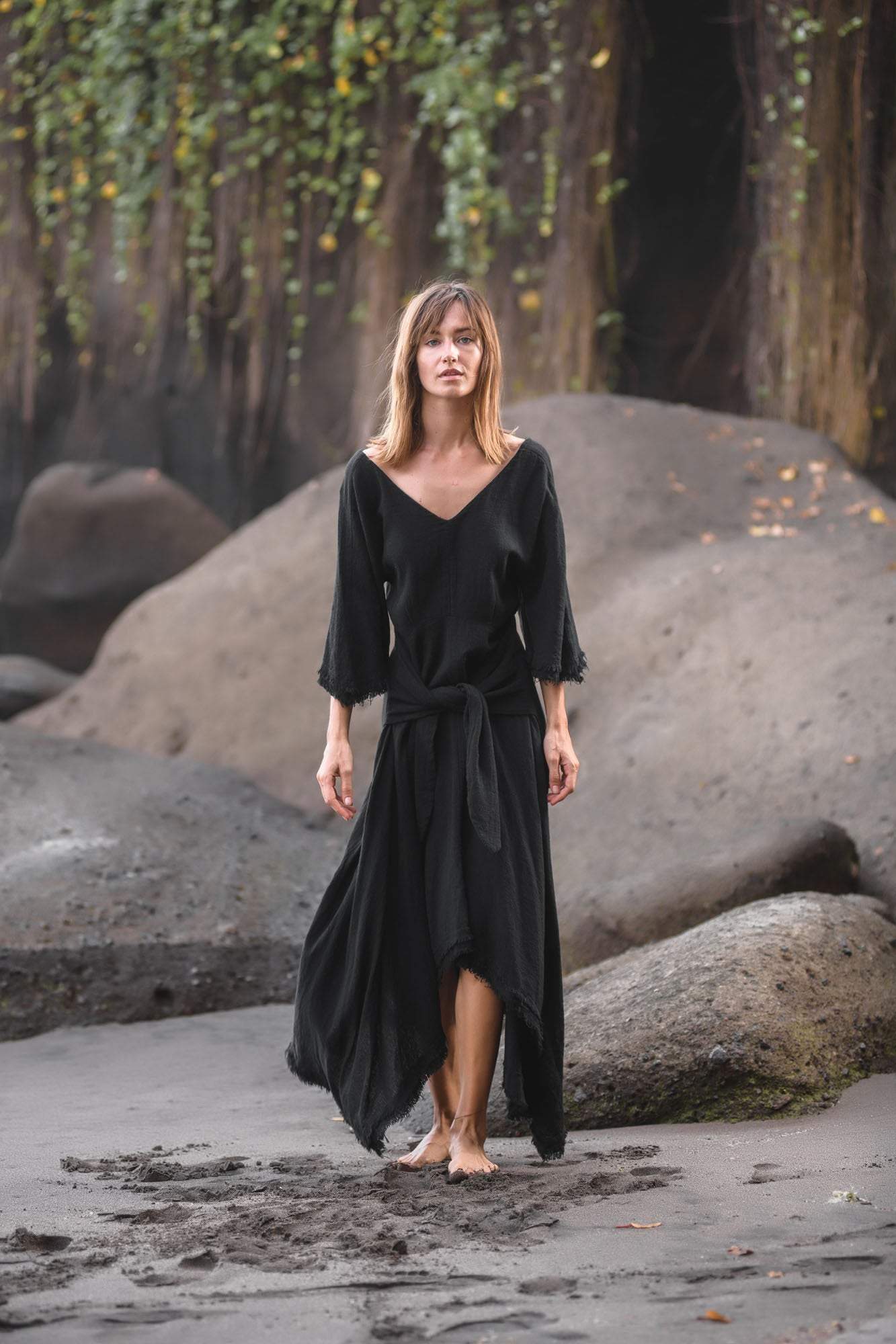 Black Cotton Dress for Women Tribal Dance Dress - AYA Sacred Wear