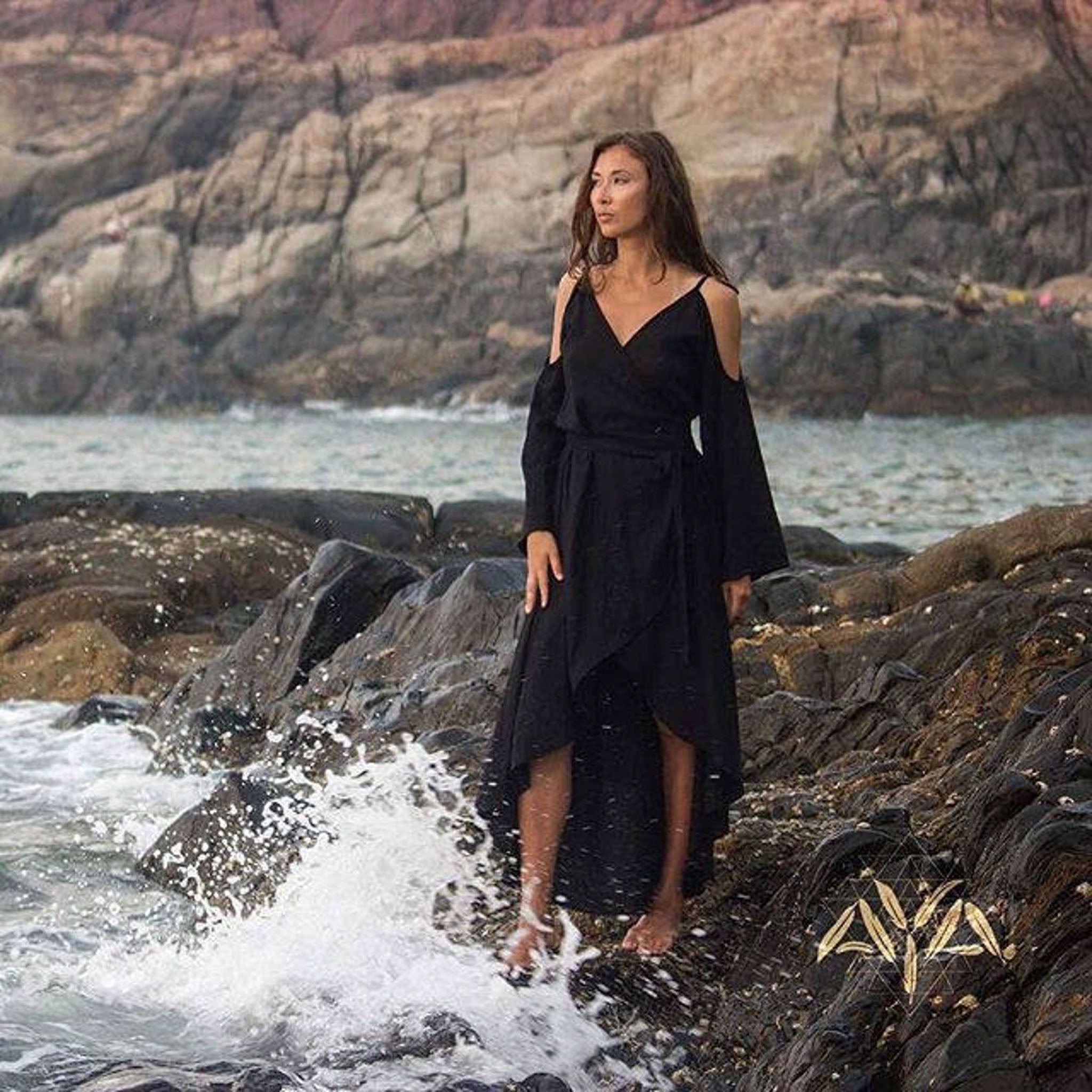 Black Linen Wrap Dress Adjustable Plus Size Sizing - AYA Sacred Wear