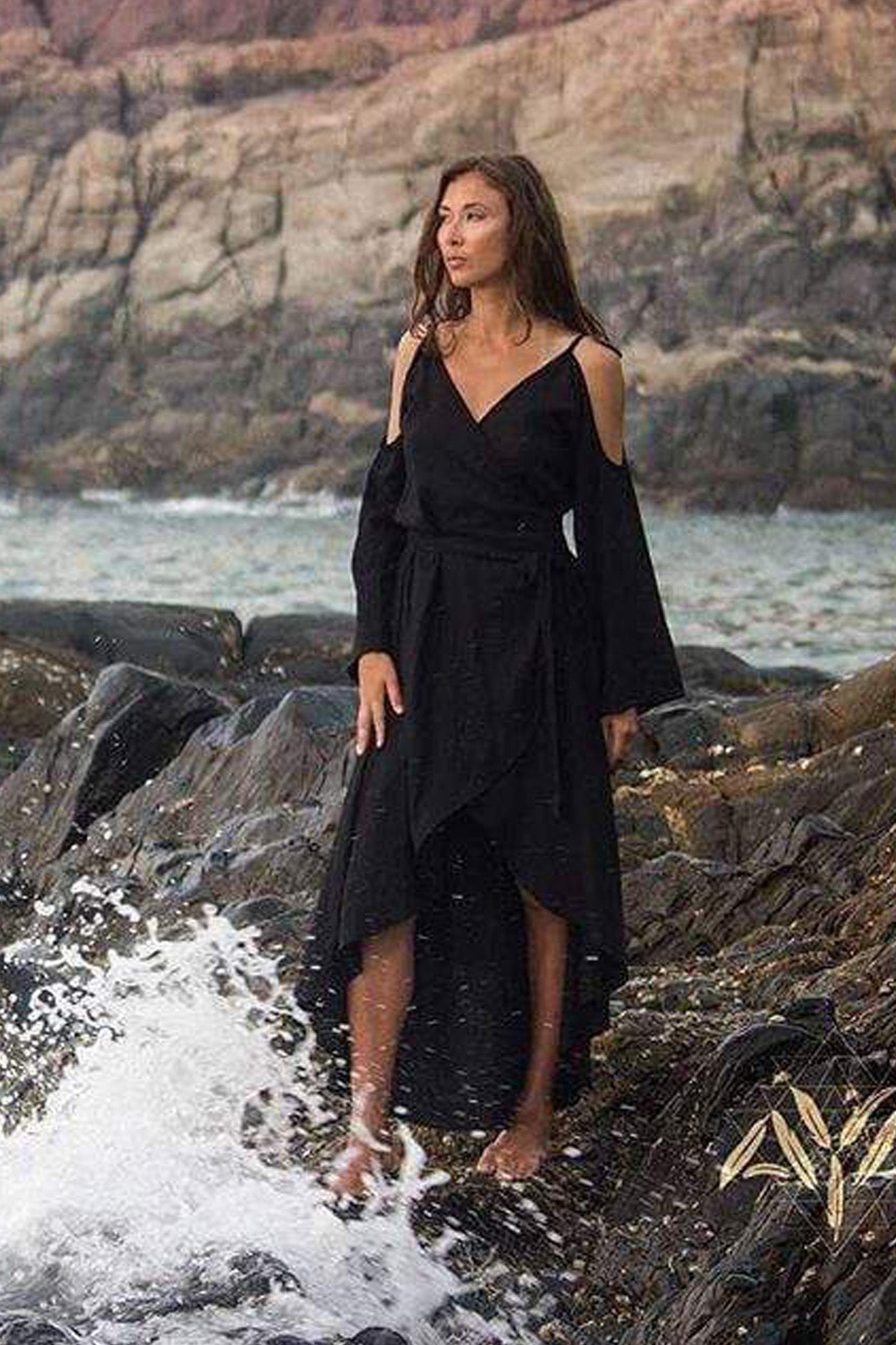 Black Linen Wrap Dress Adjustable Plus Size Sizing - AYA Sacred Wear