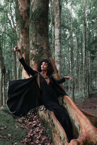 Bohemian Black Cardigan, Black Long Cotton Kimono Robe With Hand Embroidery - AYA Sacred Wear