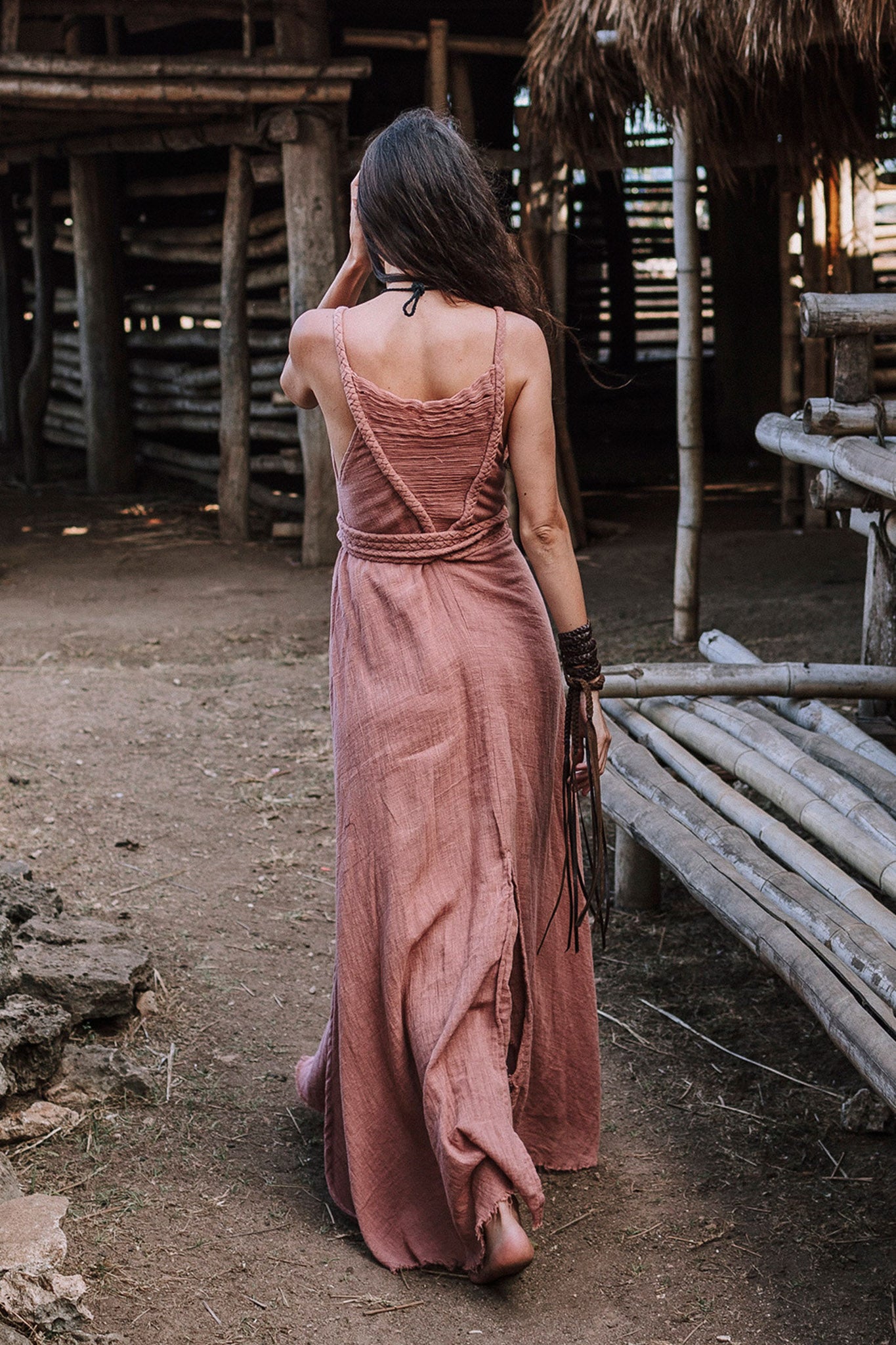 Dusty Pink Organic Bohemian Maxi Bridesmaid Dress with Hand Loomed Threaded Back - AYA Sacred Wear