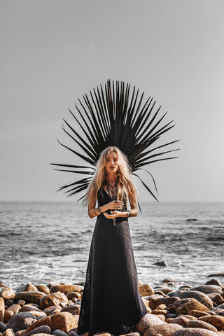 Linen Boho Bridesmaid Dress, Black Linen Bohemian Slip Dress - AYA Sacred Wear