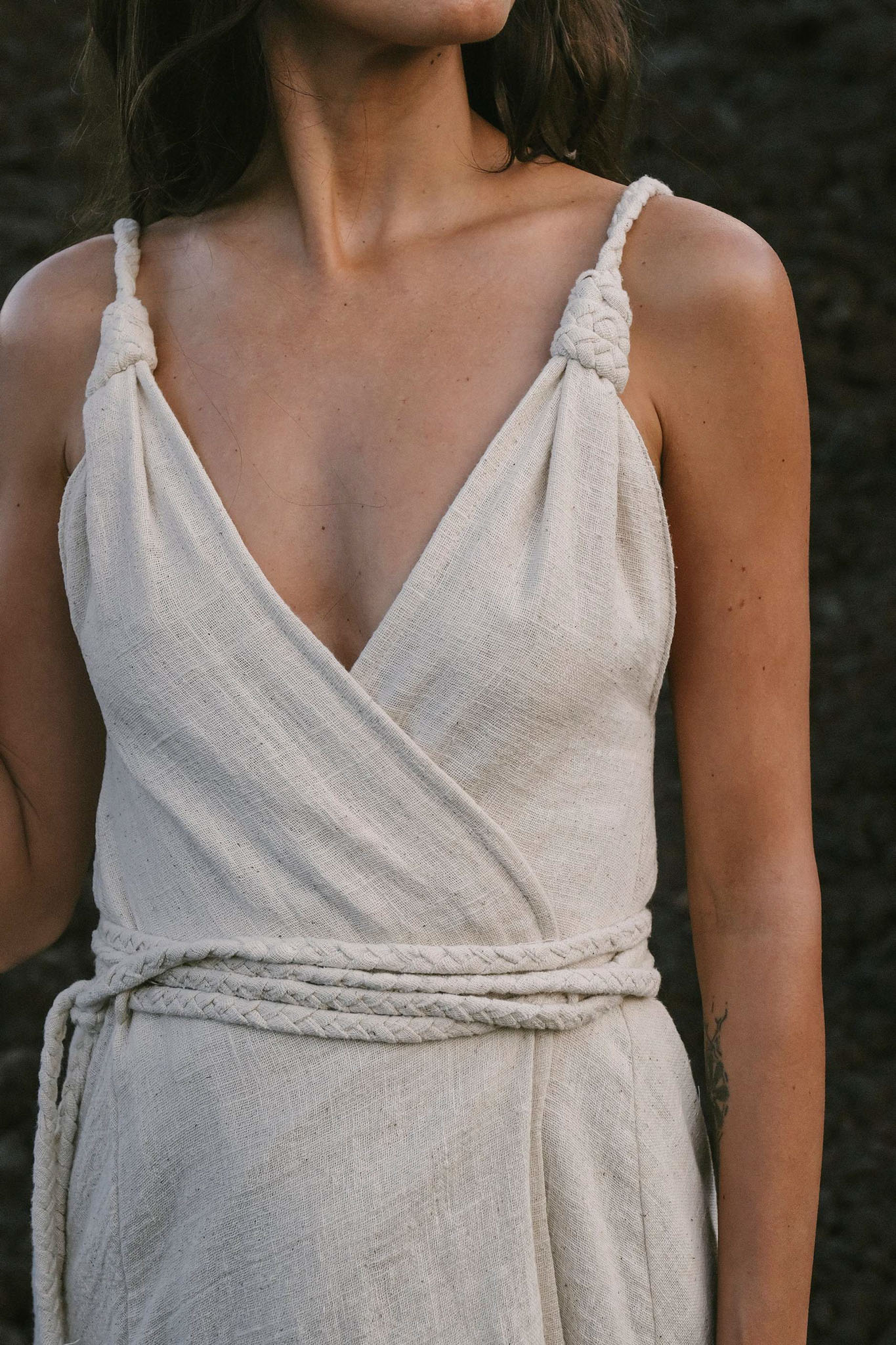 Off-White Handwoven Wrap Maxi Dress with Hand Loomed Back | AYA Sacred Wear