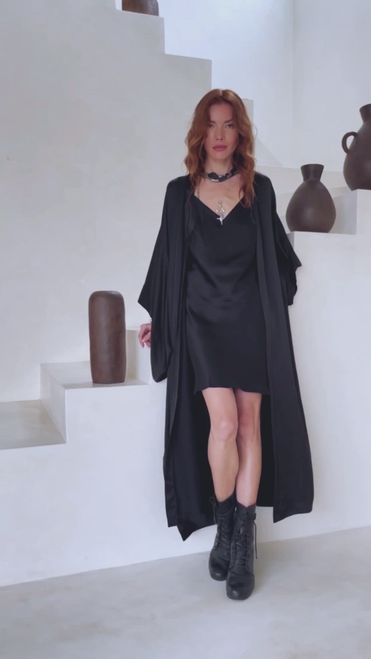 Wide Sleeve Bohemian Kaftan Cardigan, Black Peace Silk Kimono Robe - AYA Sacred Wear