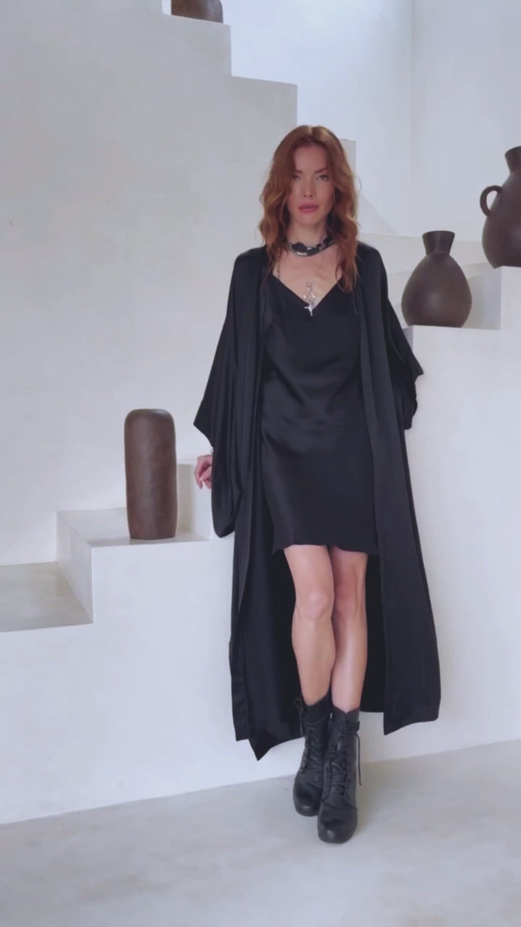 Wide Sleeve Bohemian Kaftan Cardigan, Black Peace Silk Kimono Robe - AYA Sacred Wear