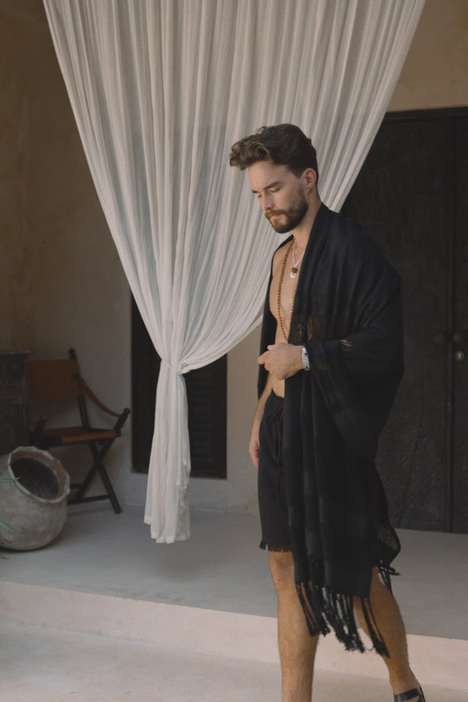 Black Hand Loomed Boho Fringed Sarong Scarf for Men by AYA Sacred Wear