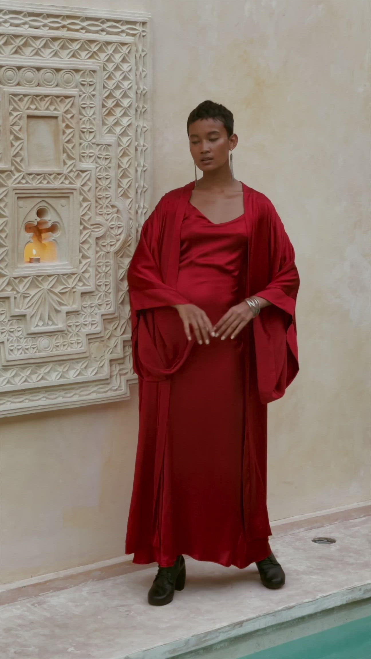 Wine Red Silk Boho Kimono Cover, Wide Sleeve Bohemian Kaftan Cardigan - AYA Sacred Wear