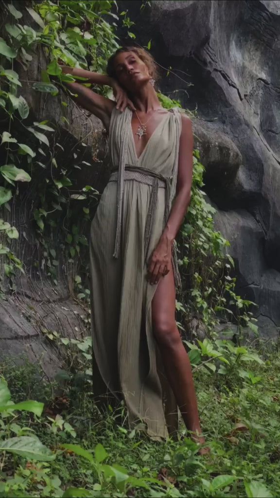 Off-White with Green Boho Dress, Bohemian Organically Dyed Dress - AYA Sacred Wear