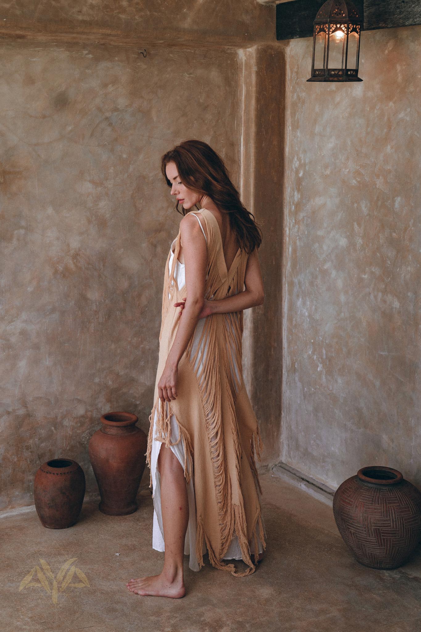 Add this beige ochre "Threads of Life" dress to your wardrobe for your favorite slip dress.