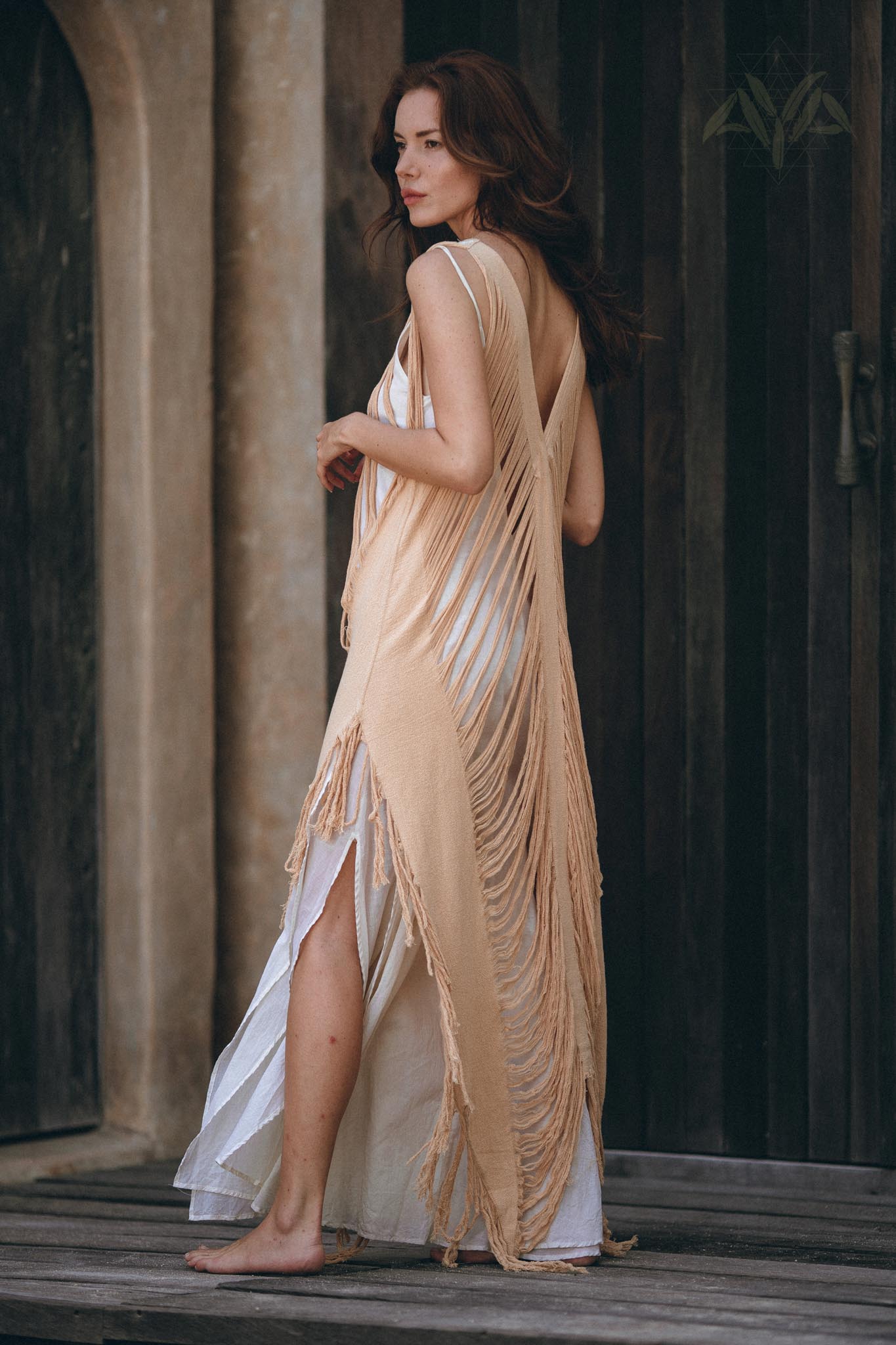 Stylish piece of "Threads of Life" dress in beige and ochre to wear over your favorite slip dress.