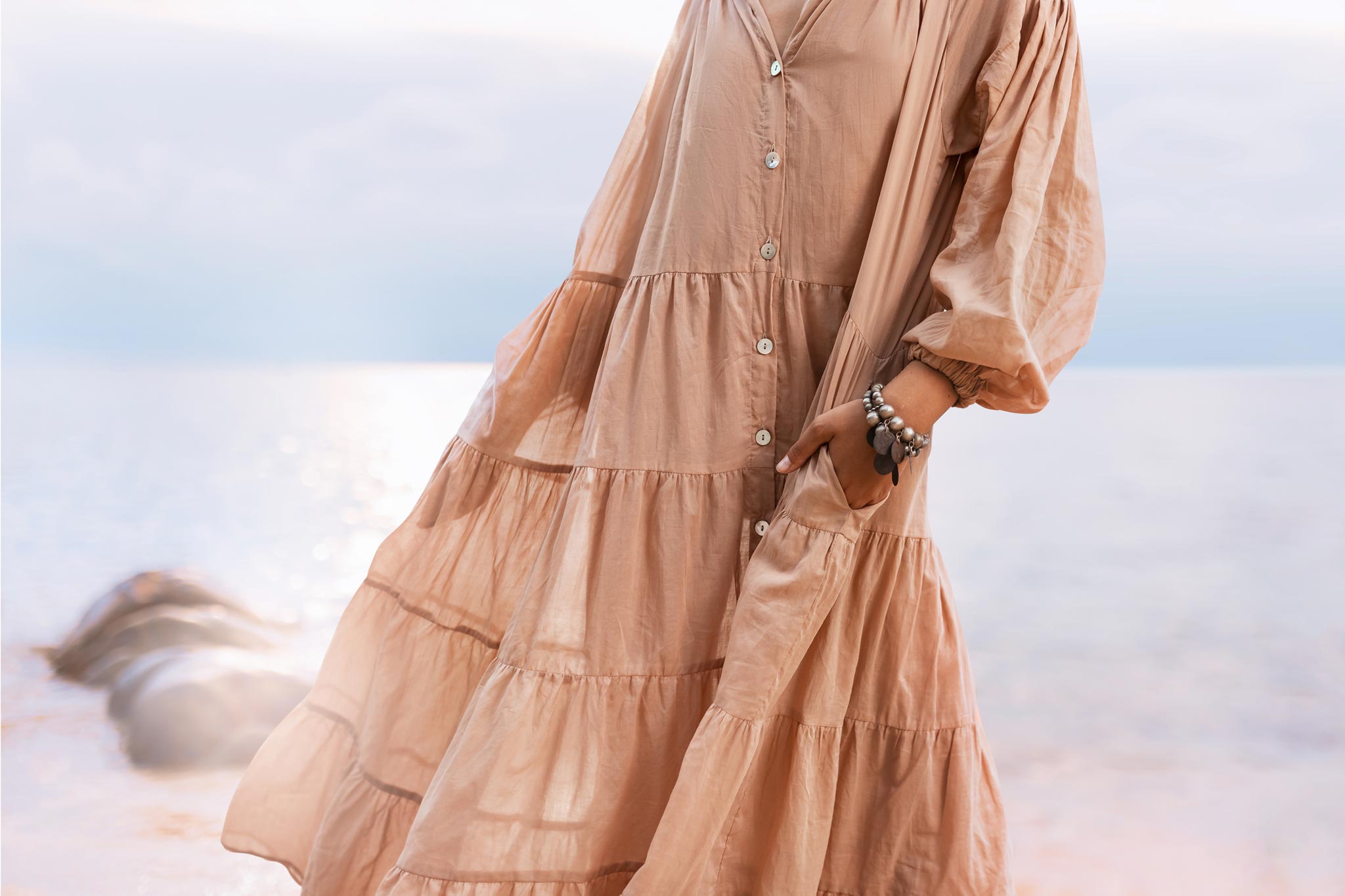 Beige bohemian-inspired prom dress – A lovely light cotton dress that is perfect for any formal occasion with a hint of bohemian flair.