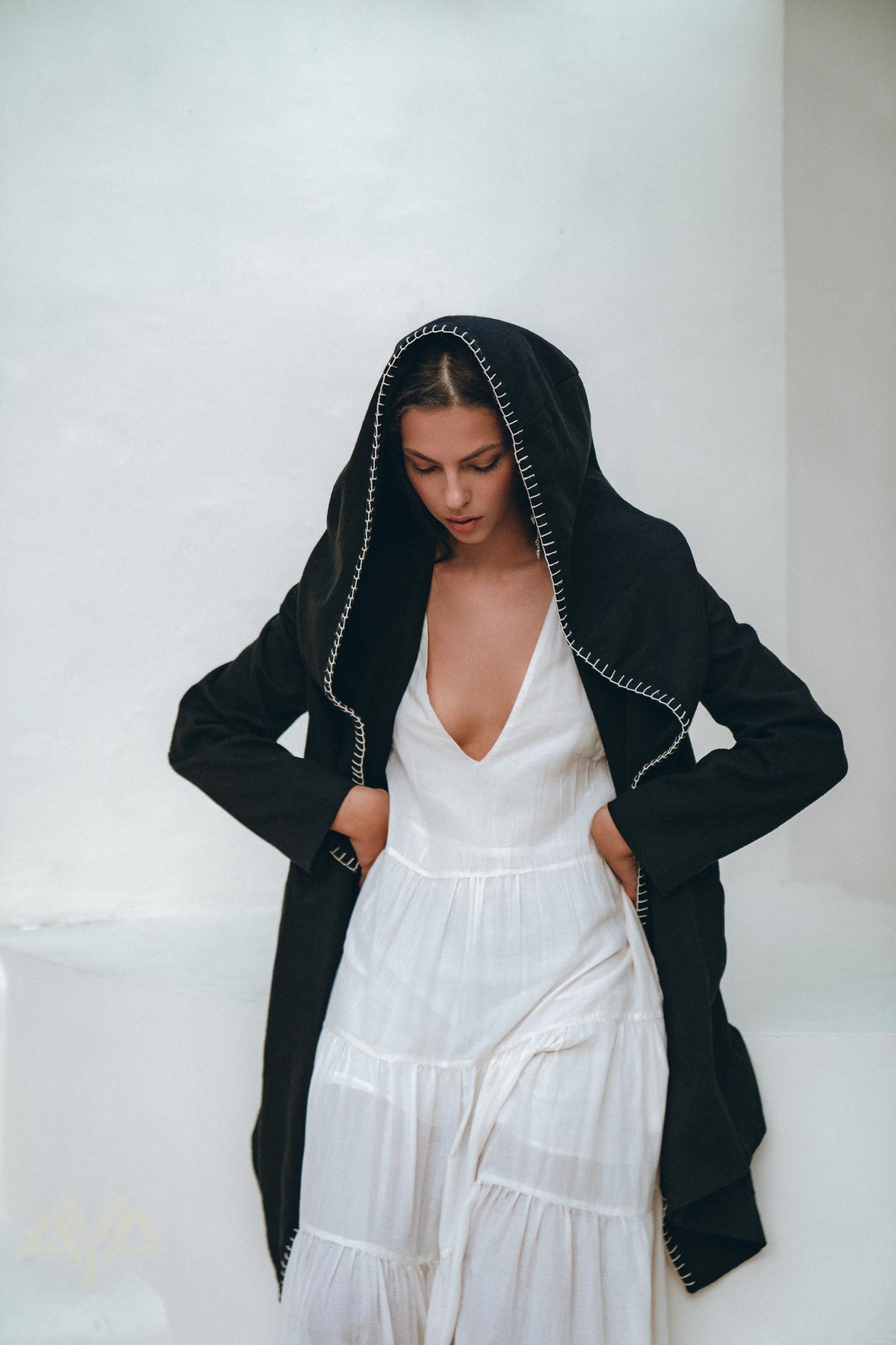 Boho Hoody Cardigan for Women, Black Boho Overcoat, Belted Wrap Cardigan - AYA Sacred Wear