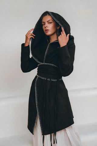 Boho Hoody Cardigan for Women, Black Boho Overcoat, Belted Wrap Cardigan - AYA Sacred Wear