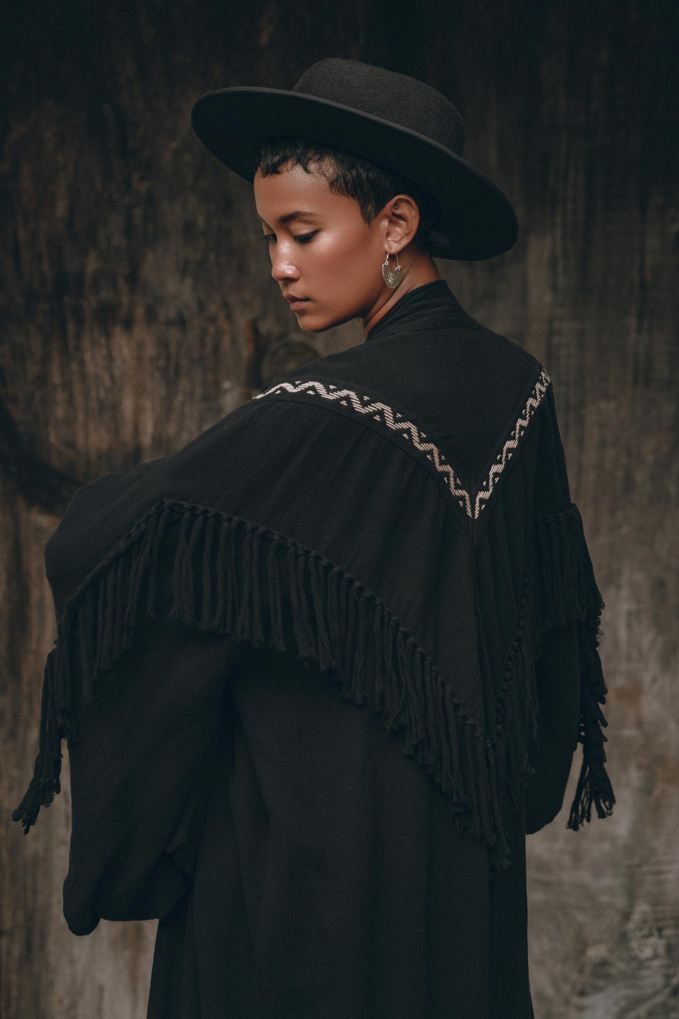 Black Organic Poncho, Tribal Cotton Robe, Hand Embroidered Overcoat - AYA Sacred Wear